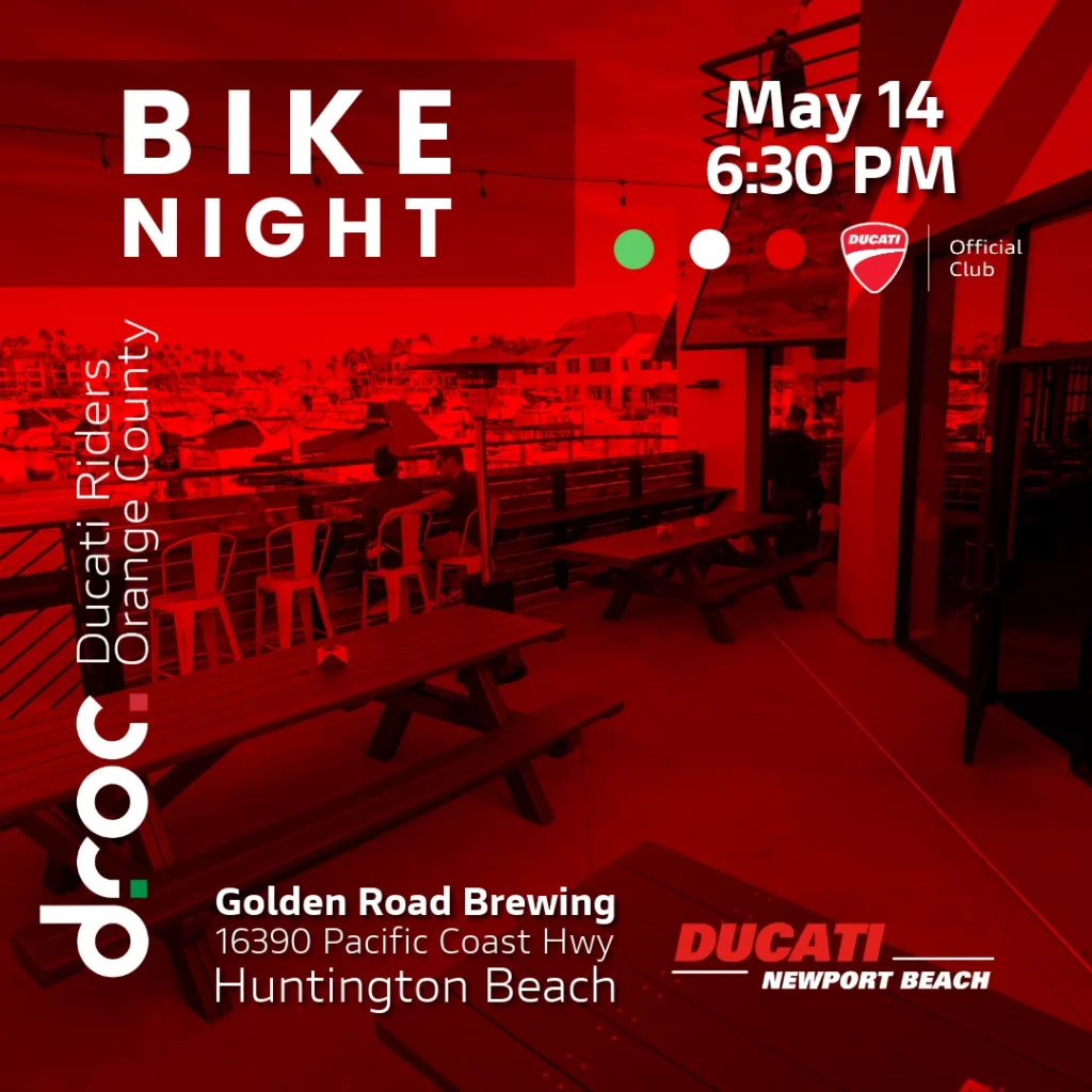 DROC Ducati bike night flyer for May 14, 2026 at Huntington Harbour Brewpub Golden Road Brewing in Huntington Beach