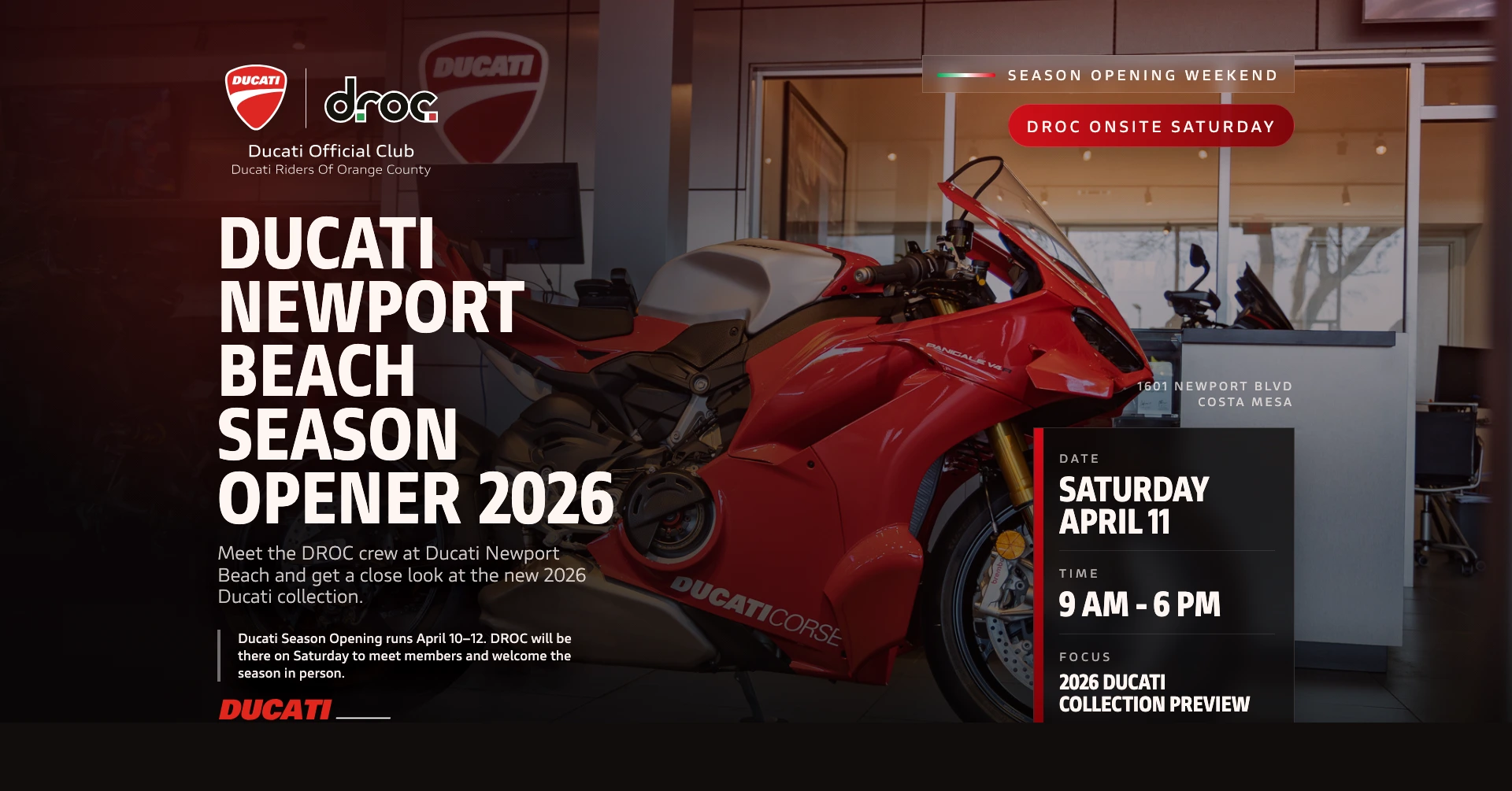 Ducati Newport Beach Season Opener 2026 event banner