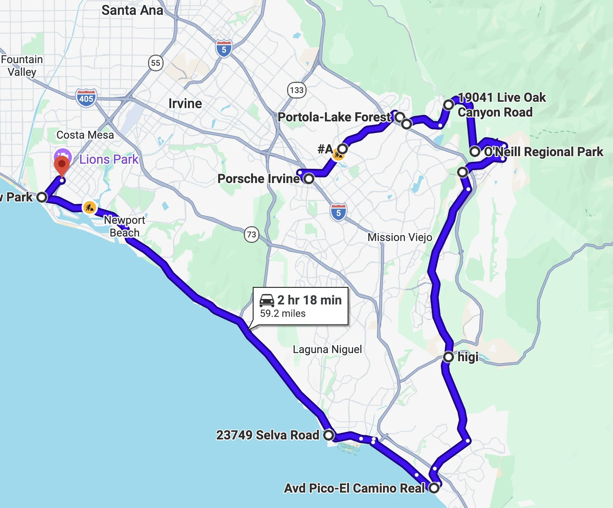 Map preview of the We Ride As One 2026 route from Porsche Irvine through Orange County canyons and the coast to Ducati Newport Beach