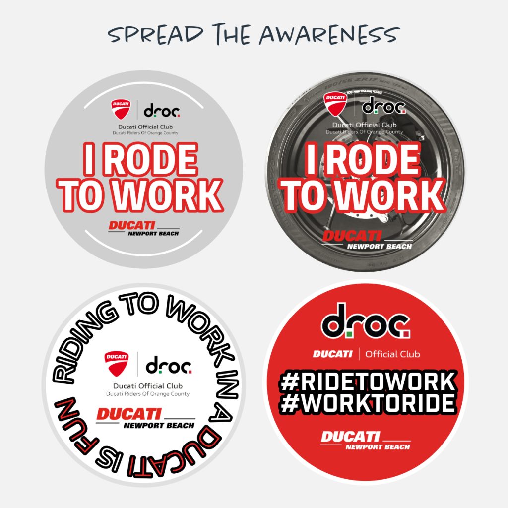 Ducati stickers promoting Ride to Work Day 2026, featuring Ducati Newport Beach and DROC branding
