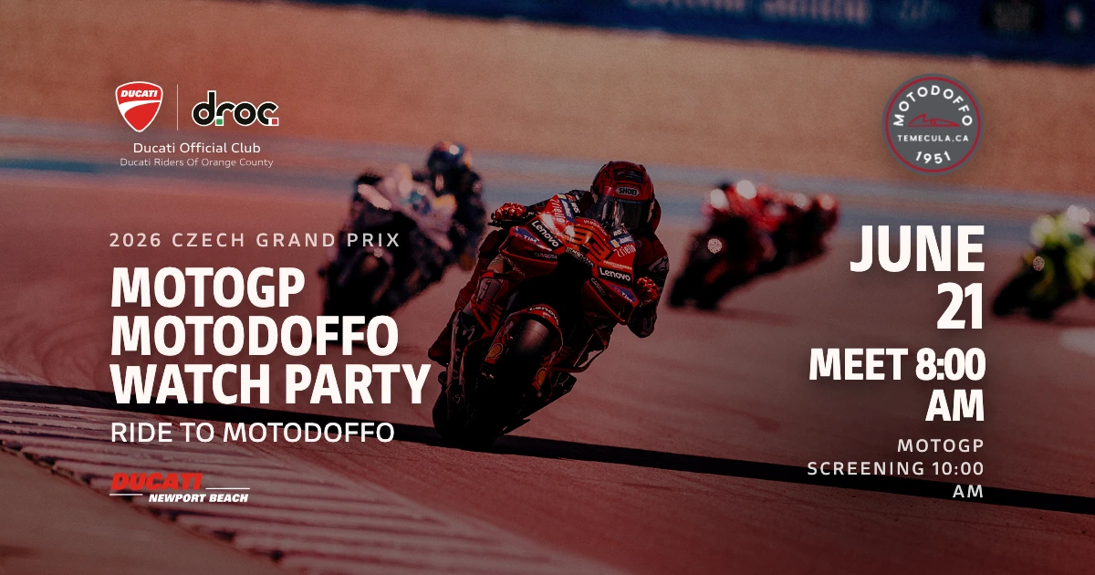 DROC ride to MotoDoffo and MotoGP Czech Grand Prix watch party, June 21 2026.