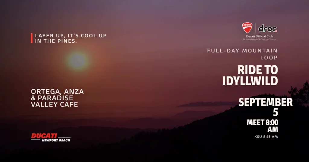 DROC ride to Idyllwild, September 5 2026.