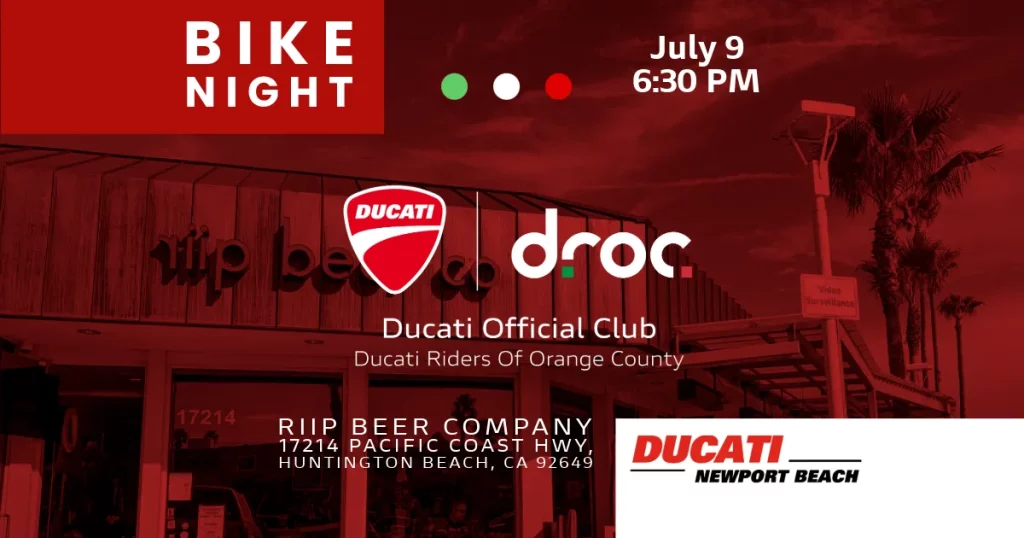 Ducati Riders of Orange County Bike Night at Riip Beer Company in Huntington Beach, July 9 at 6:30 PM