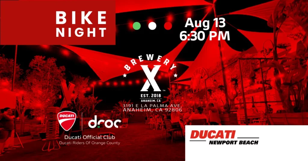 DROC Ducati bike night flyer for August 13, 2026 at Brewery X in Anaheim