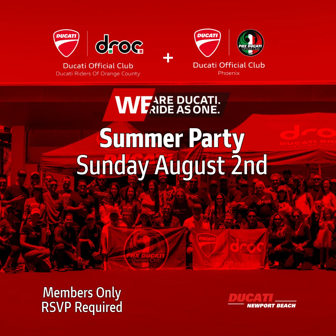 DROC Summer Festival 2026 Sunday party at Ducati Newport Beach with the Ducati Phoenix Official Club, members only, RSVP required
