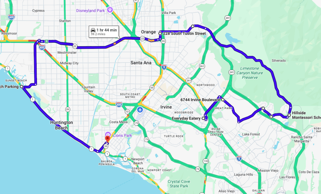 Map route for DROC Summer Festival 2026 from Orange County to Ducati Newport Beach event location