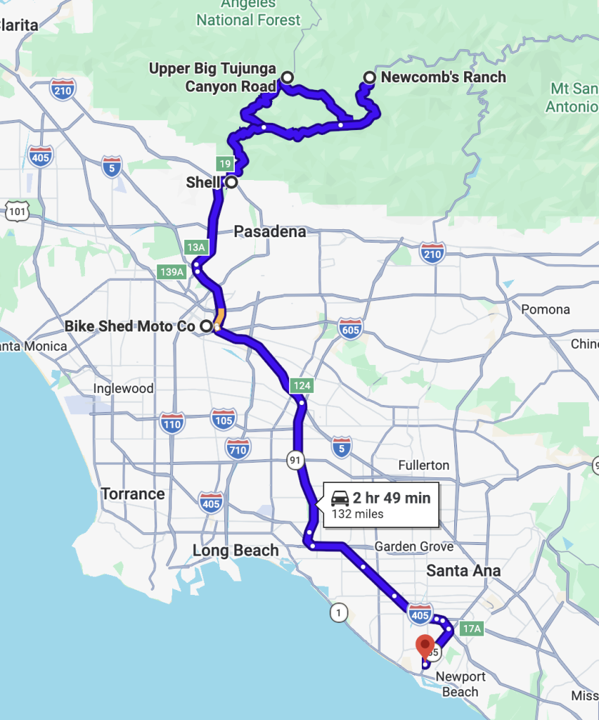 Route map for DROC Summer Festival ride through Orange County to Newcomb's Ranch via scenic roads
