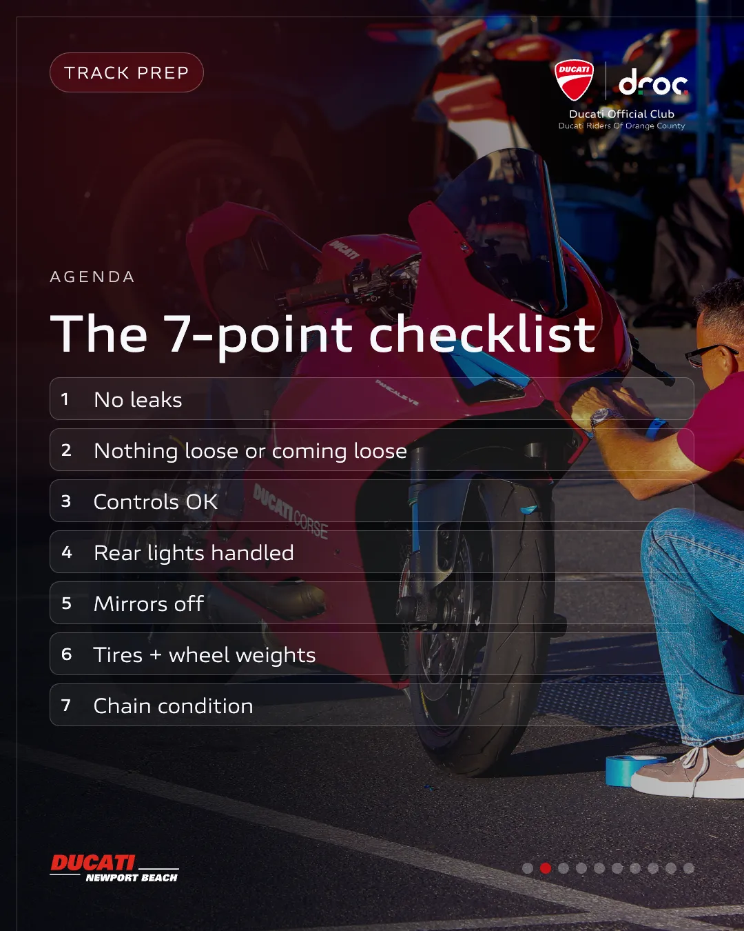Ducati motorcycle track prep checklist for a track day, focusing on safety and performance checks