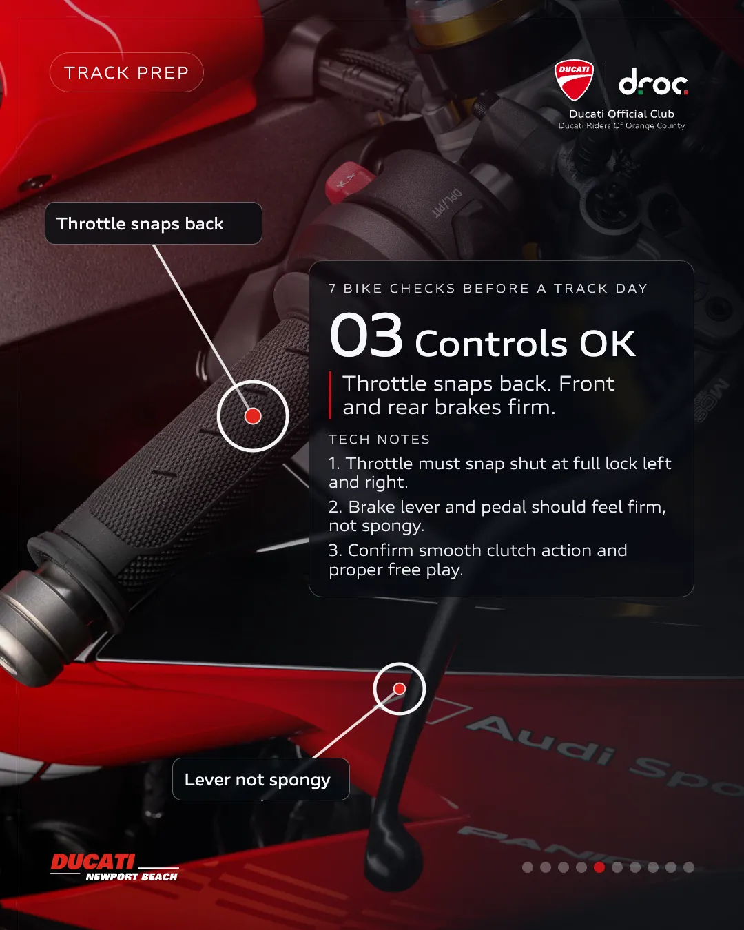 Ducati motorcycle controls with throttle and brake lever checks for track day preparation