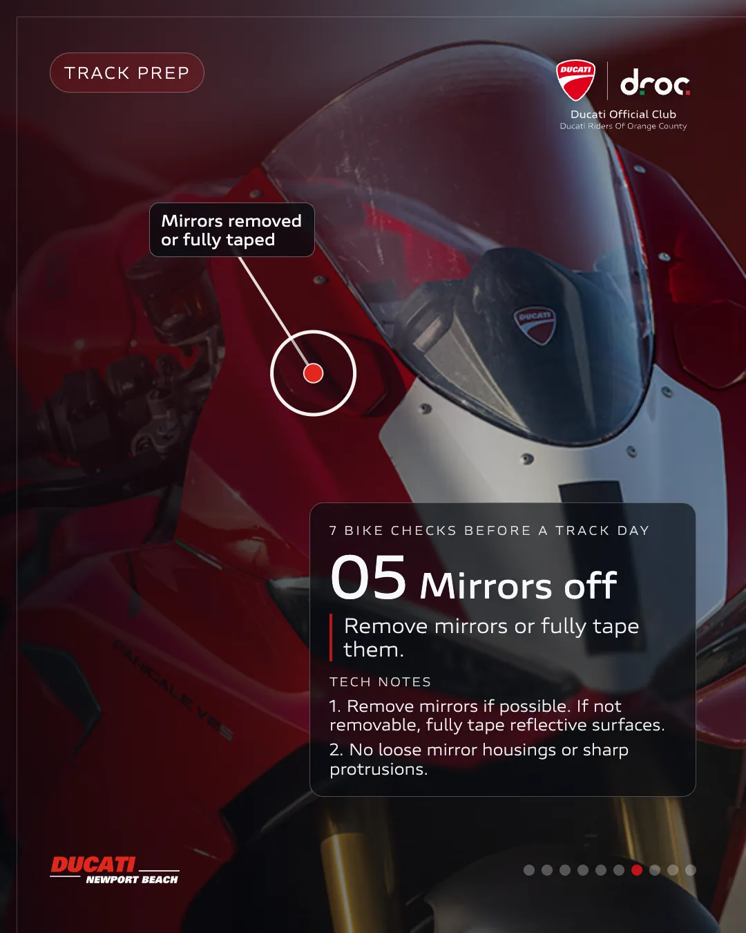 Ducati Panigale V4 with mirrors removed, preparing for a track day at Ducati Newport Beach