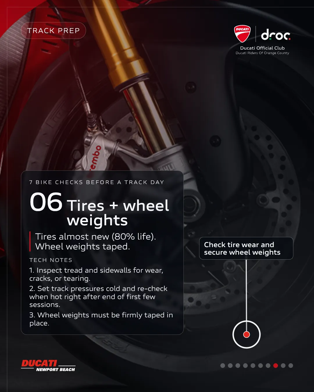 Ducati motorcycle close-up showing tire and wheel weight preparation for a track day