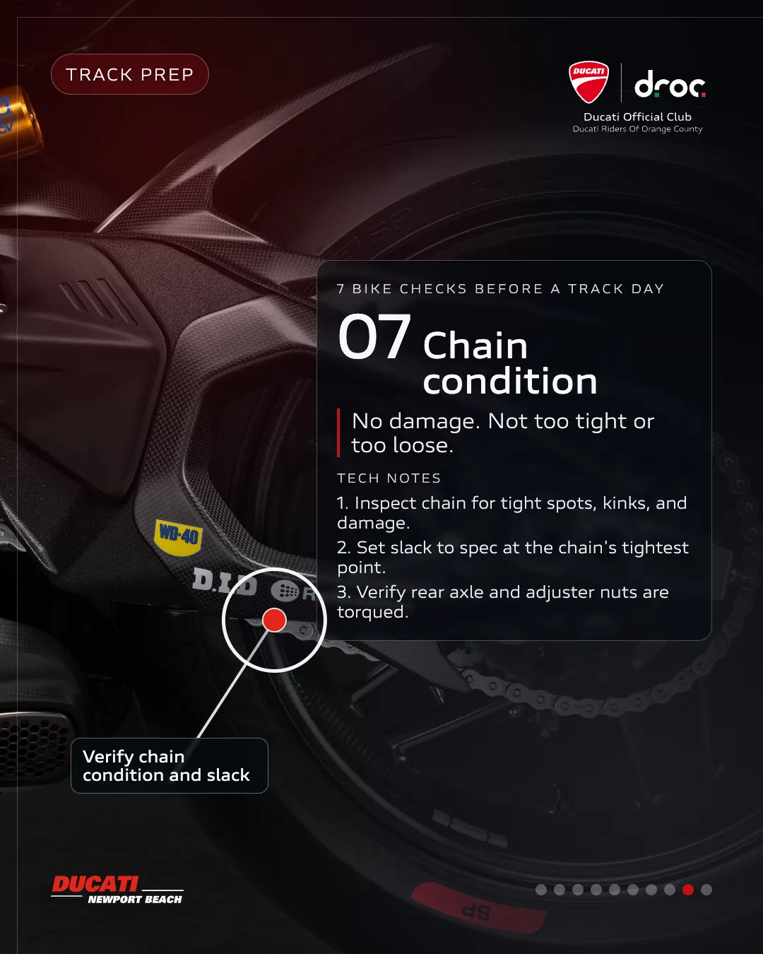 Ducati motorcycle chain inspection checklist for track day preparation, highlighting condition and maintenance tips