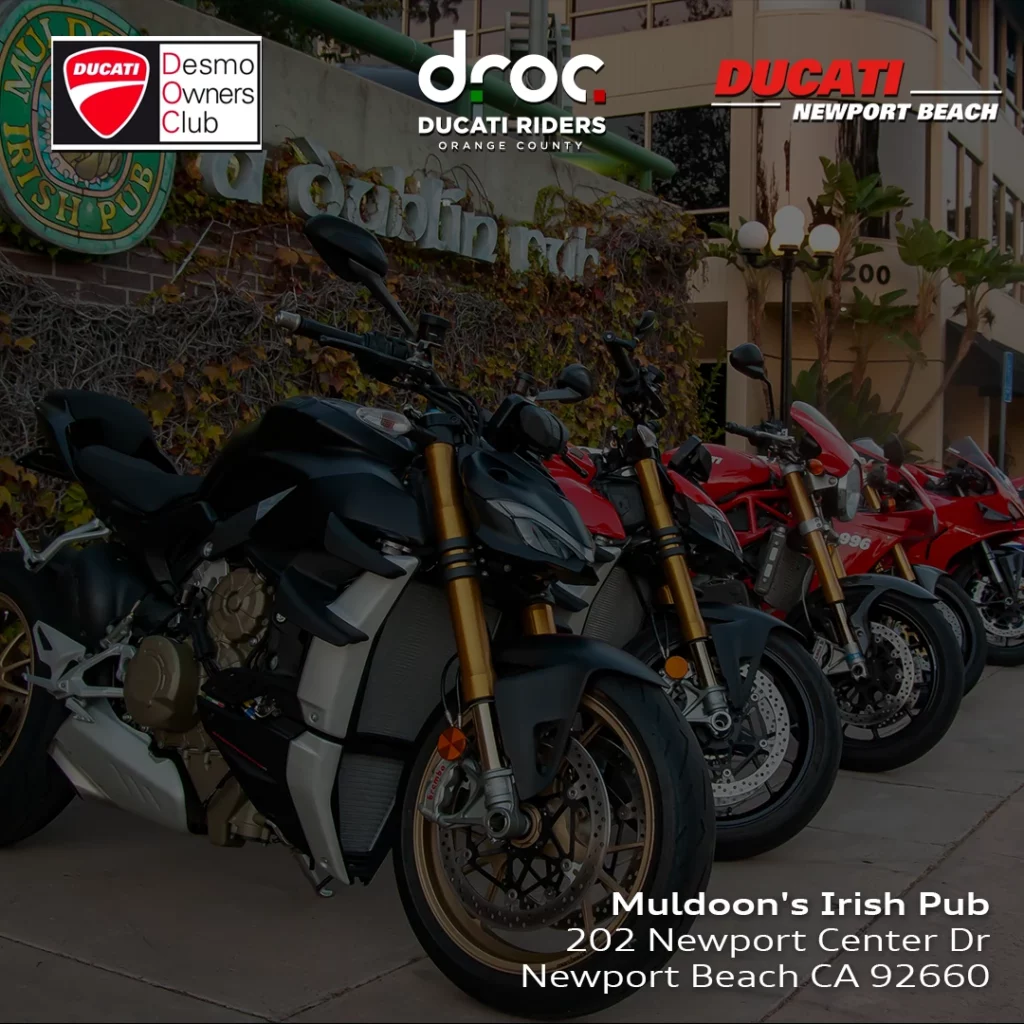 Ducati Diavel parked at Mullen's Irish Pub in Newport Beach, showcasing the vibrant Ducati community in Orange County