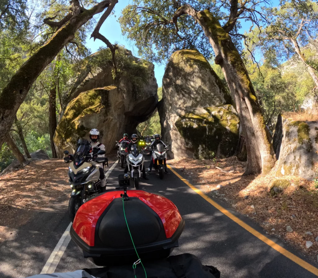 Ride with DROC: the six ways we ride 15 View over a loaded Ducati's red top box toward five DROC riders on Multistradas stopped on a narrow road between mossy granite boulders and oak trees.