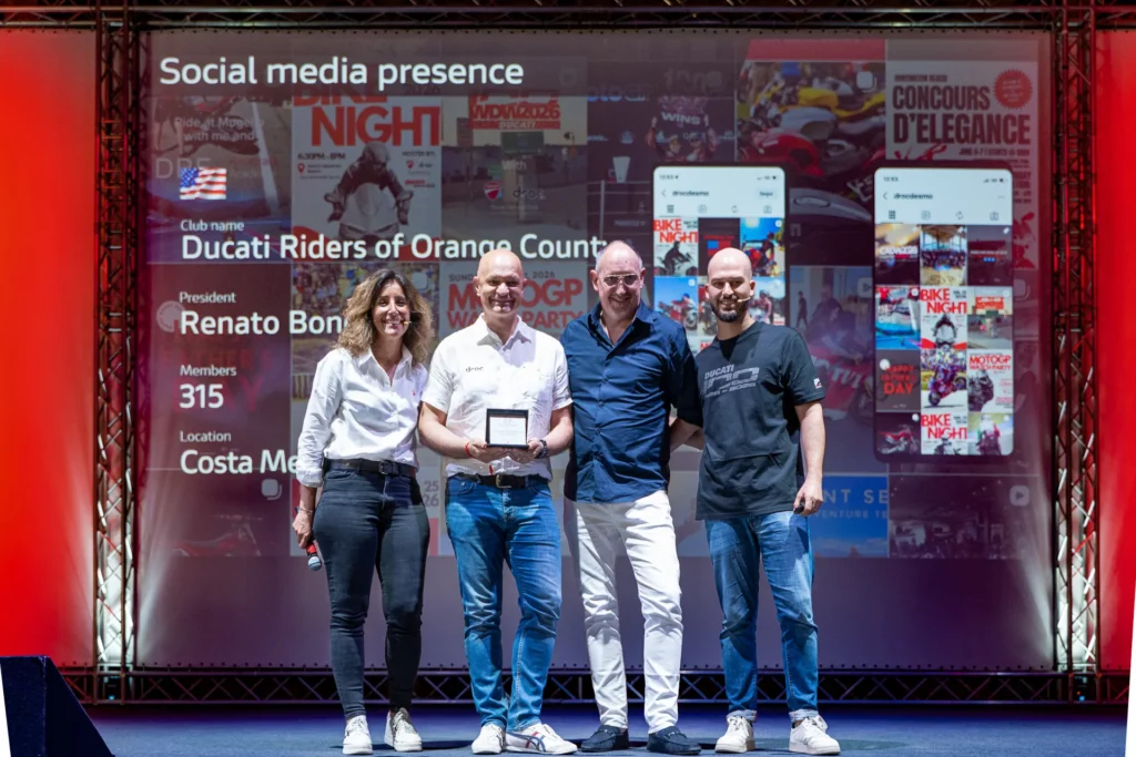 DROC Earns Global Ducati Official Club Social Media Presence Award for the Second Consecutive Year 1 Ducati Riders of Orange County members celebrate social media award at event in Costa Mesa, showcasing club achievements