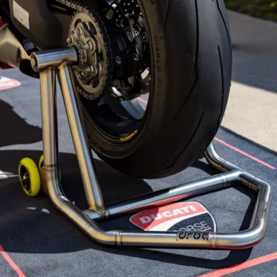 DROC Member Gear 4 GeeTech single-sided rear paddock stand supporting a Ducati