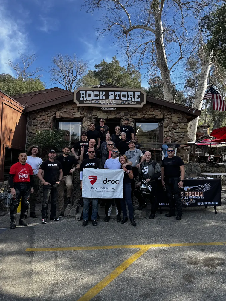 DROC members with the club banner outside the Rock Store on Mulholland Highway