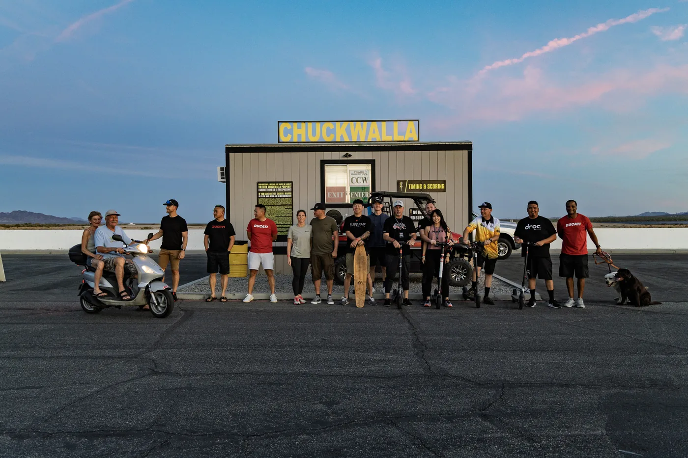 DROC members and Ducatis at the Chuckwalla Valley Raceway entrance building