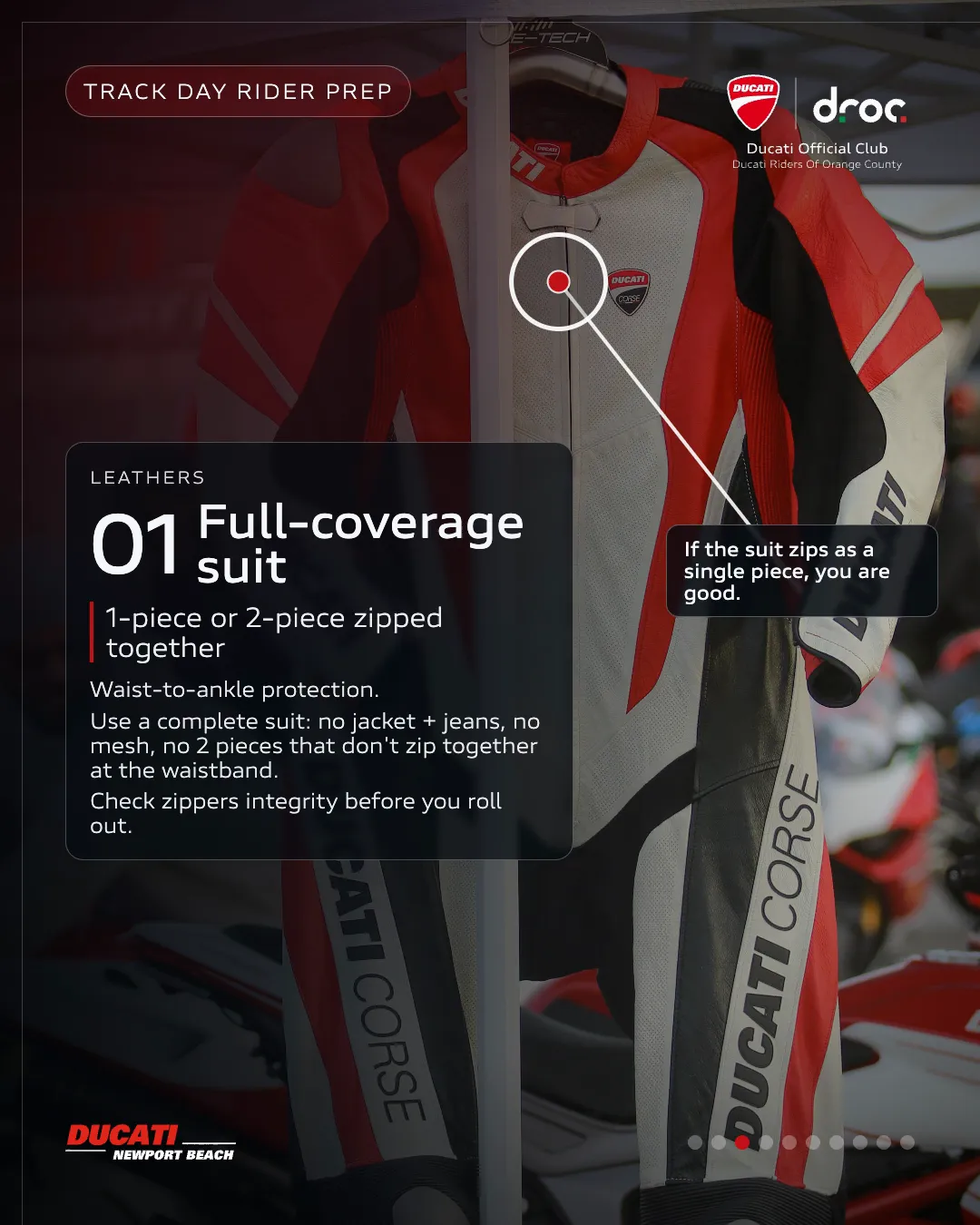 Ducati leathers for track day rider prep, featuring full-coverage suit with Ducati Corse branding
