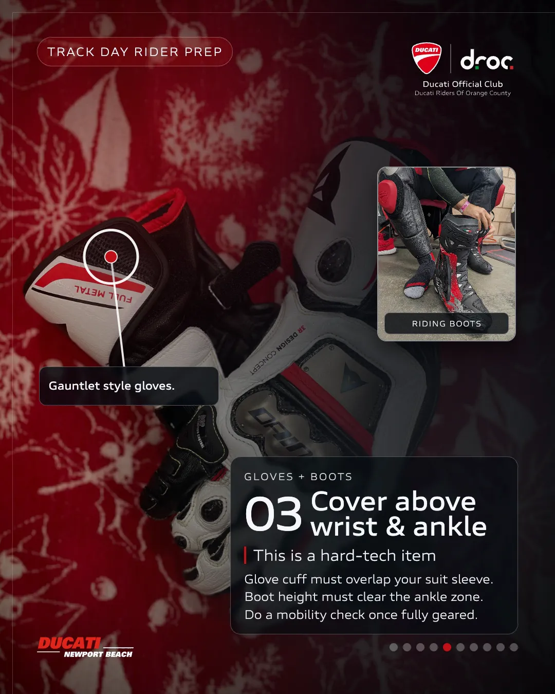 Gauntlet style gloves and riding boots prepared for a Ducati track day event