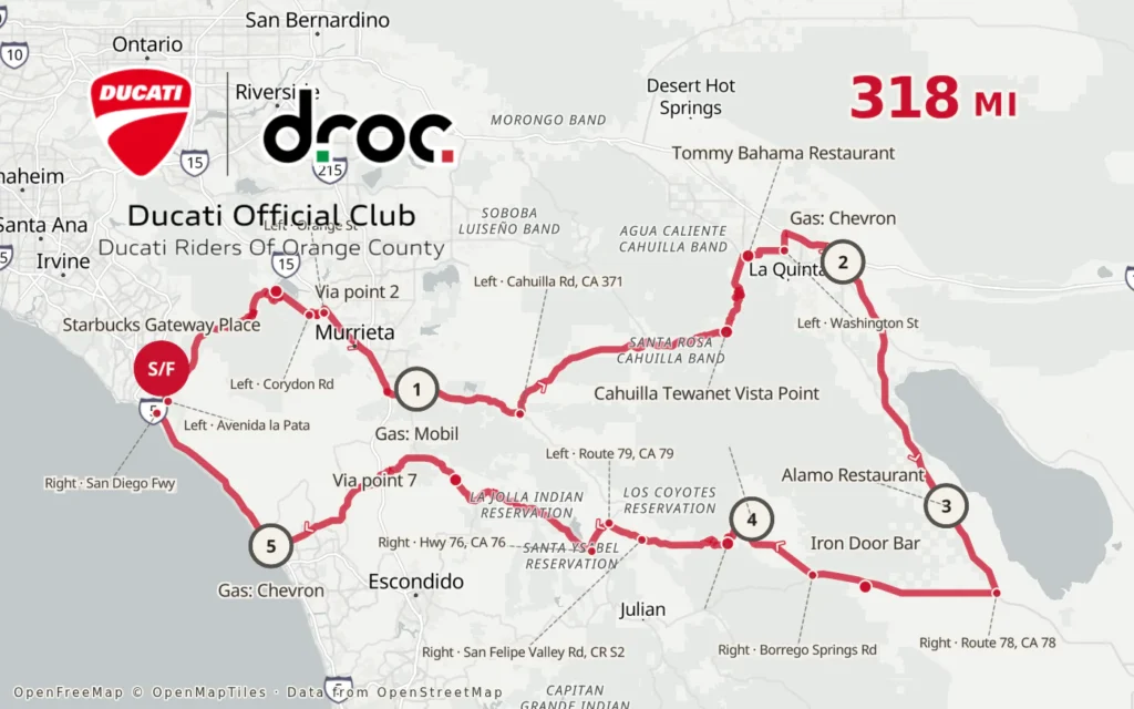 Route map for the DROC Desert Loop ride: 318 miles from the Starbucks in Rancho Mission Viejo over Ortega Highway, Highway 371 and Pines to Palms to La Quinta, lunch at the Alamo Restaurant on the Salton Sea, then Borrego Springs, Montezuma Valley Road and Highway 76 back to the coast.