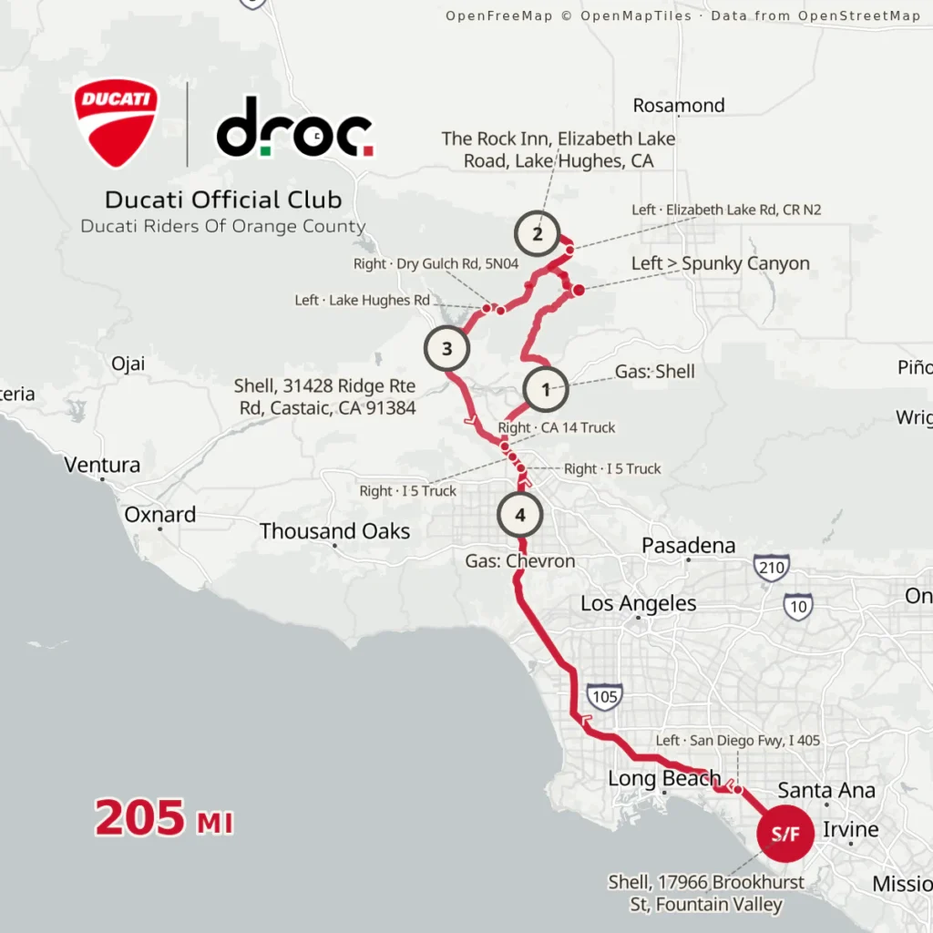 Route map of the 205-mile DROC ride from the Shell in Fountain Valley via the 405 and 5 to Santa Clarita, Spunky Canyon and The Rock Inn at Lake Hughes, then Lake Hughes Road to Castaic and back.