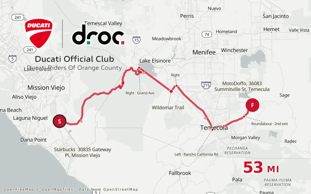 Route map of the 53-mile DROC ride from Starbucks at Sendero Marketplace in Mission Viejo over Ortega Highway through Lake Elsinore and Temecula to MotoDoffo.