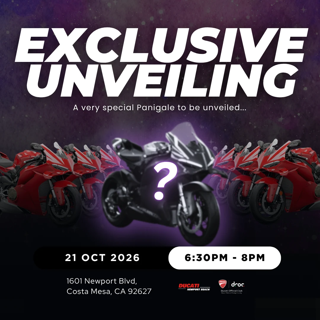 DROC and Ducati Newport Beach exclusive Panigale unveiling, October 21, 2026, 6:30 to 8 PM