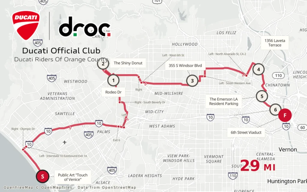 Route map of the DROC Los Angeles city ride, 29 miles from Venice through Beverly Hills, Hollywood and Echo Park to the 6th Street Viaduct, with numbered stops at Rodeo Drive, The Shiny Donut and Laveta Terrace