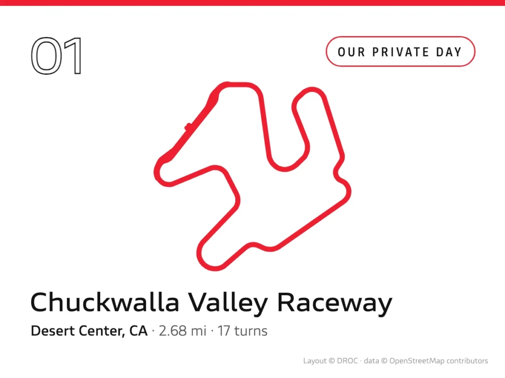 Track Days 1 Chuckwalla Valley Raceway circuit layout as a solid red line, drawn by DROC from OpenStreetMap data