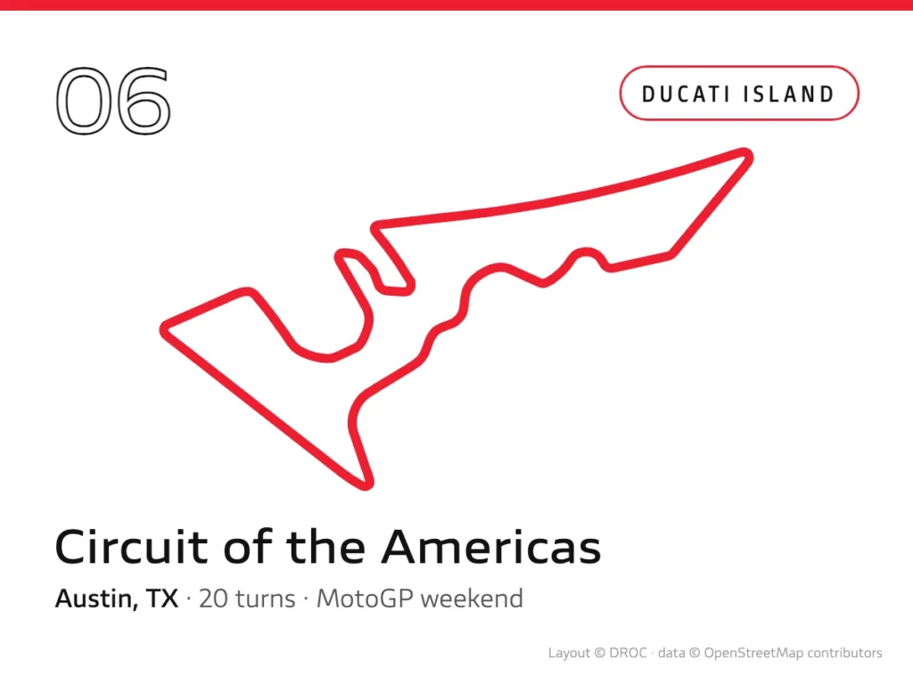 Track Days 6 Circuit of the Americas circuit layout as a solid red line, drawn by DROC from OpenStreetMap data