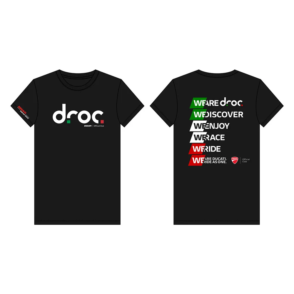 Front and back of the black DROC T-shirt from late 2024: droc logo on the front, the We Are DROC stack with green, white and red blocks on the back