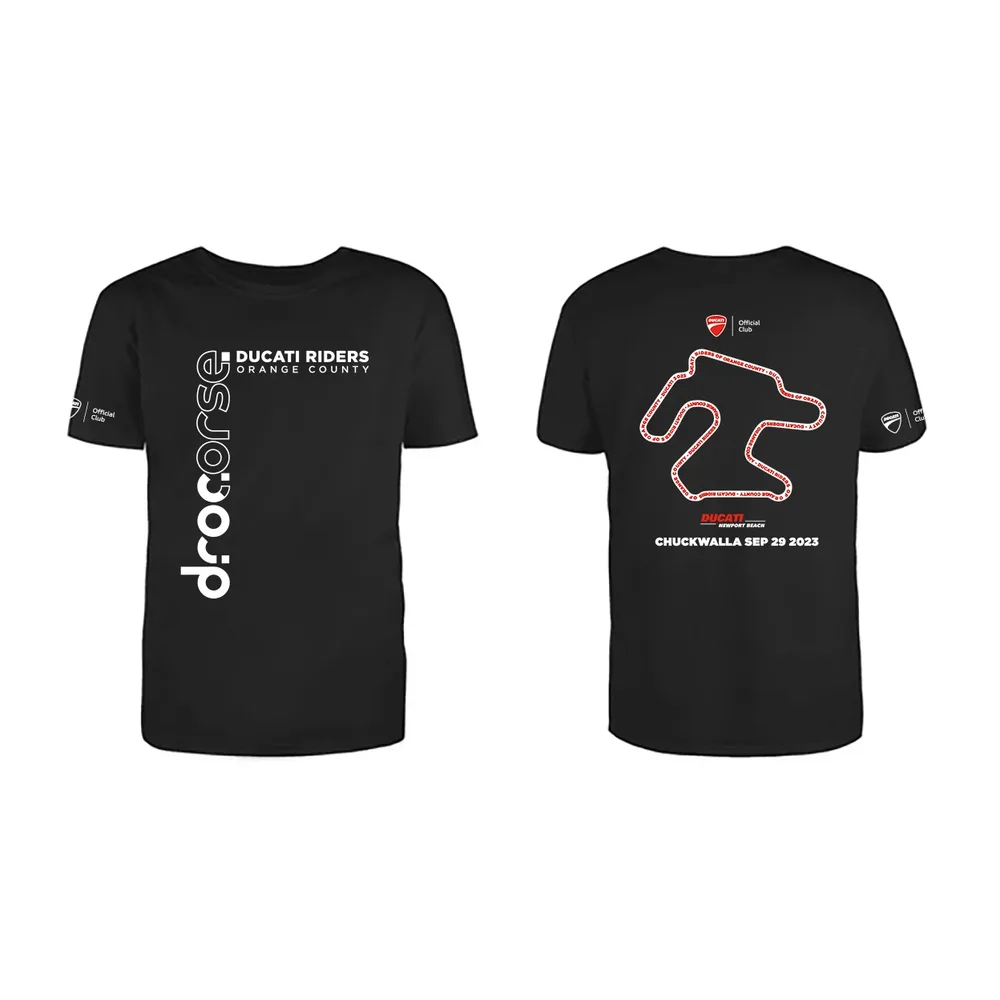 Front and back of the black September 2023 DROC Track Day T-shirt: drocorse running down the front beside Ducati Riders Orange County, and on the back a red-lettered Chuckwalla circuit outline with Chuckwalla Sep 29 2023
