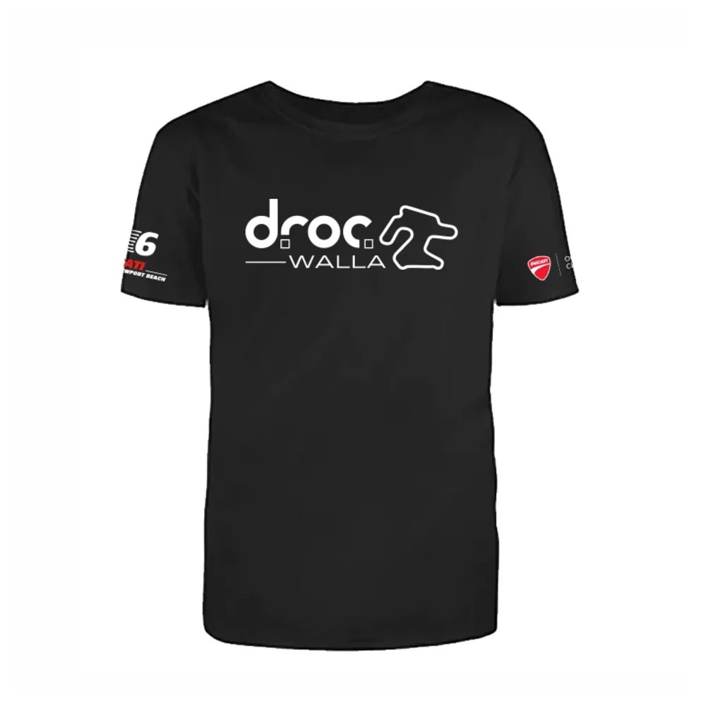 Black 6th DROC Track Day T-shirt: droc WALLA with the Chuckwalla circuit outline on the front, a number 6 and Ducati Newport Beach on one sleeve, Ducati Official Club on the other