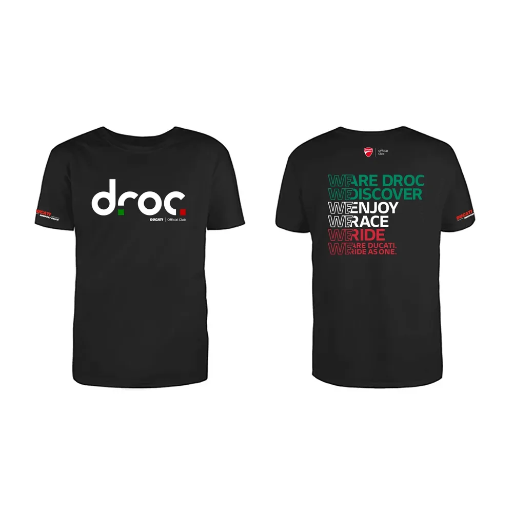 Front and back of the black 2024 DROC club T-shirt: droc logo on the front, a green, white and red We Are DROC, We Discover, We Enjoy, We Race, We Ride stack on the back