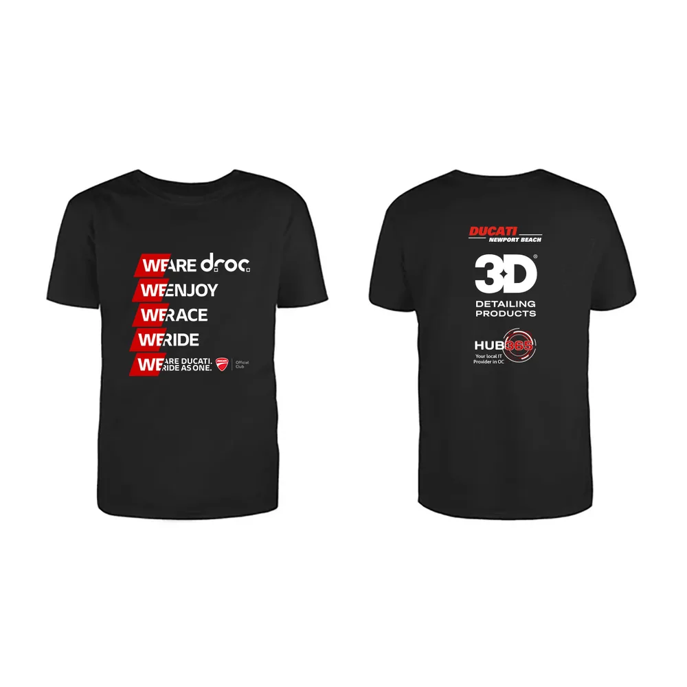 Front and back of the black We Ride As One 2024 T-shirt: red We Are DROC stack on the front, Ducati Newport Beach, 3D Detailing Products and HUB365 on the back
