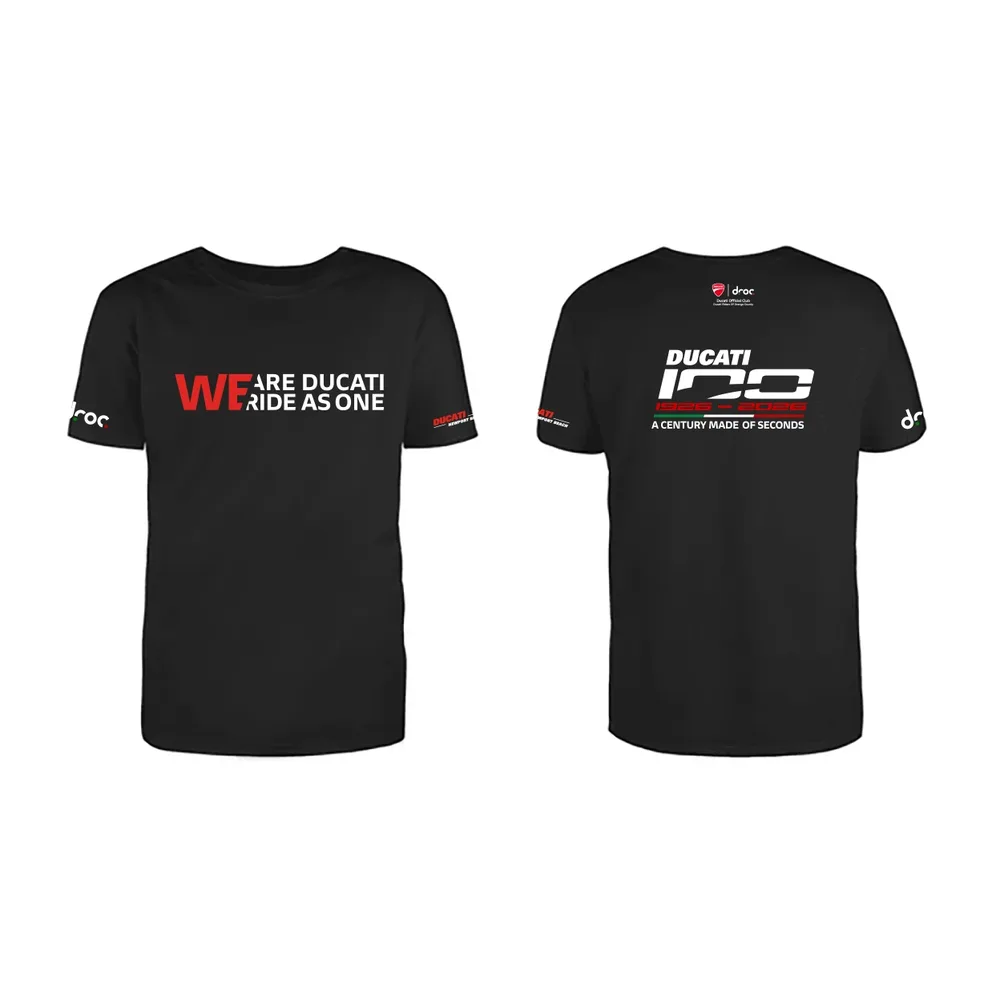 Front and back of the black We Ride As One 2026 centennial T-shirt: We Are Ducati, We Ride As One on the front, Ducati 100, 1926 to 2026, A Century Made Of Seconds on the back