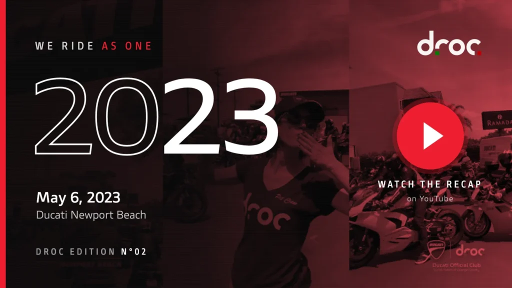 We Ride As One 4 We Ride As One 2023 recap video, DROC edition: May 6, 2023, Ducati Newport Beach. Play button opens the recap on YouTube.