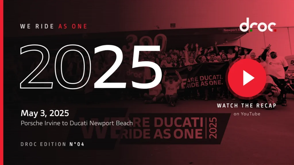 We Ride As One 2 We Ride As One 2025 recap video, DROC edition: May 3, 2025, Porsche Irvine to Ducati Newport Beach. Play button opens the recap on YouTube.