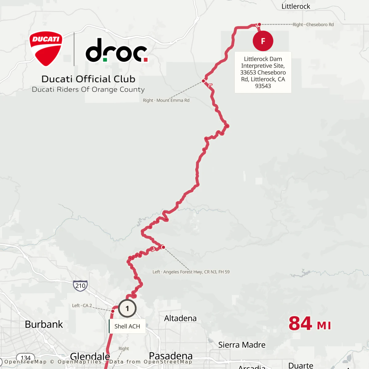 Square route map from the Shell at the foot of Angeles Crest up Angeles Forest Highway to Littlerock Dam, 84 miles