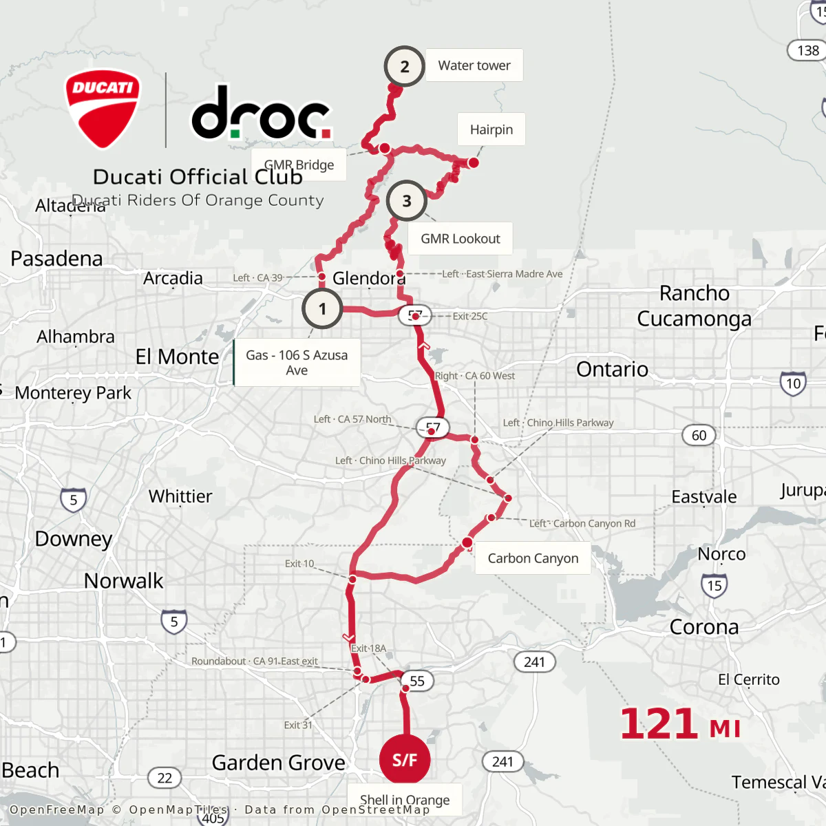 Square route map of a 121-mile loop from Orange through Carbon Canyon to Azusa, up Glendora Mountain Road to the water tower and back