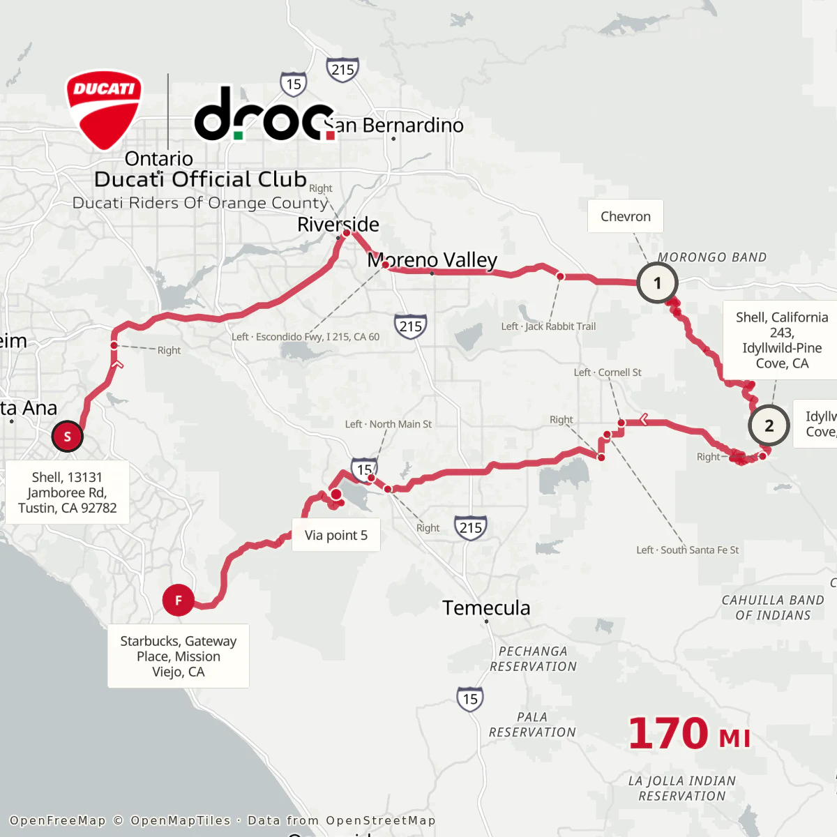 Square route map of a 170-mile loop from Tustin through Riverside and Banning to Idyllwild, then back over Ortega Highway to Mission Viejo