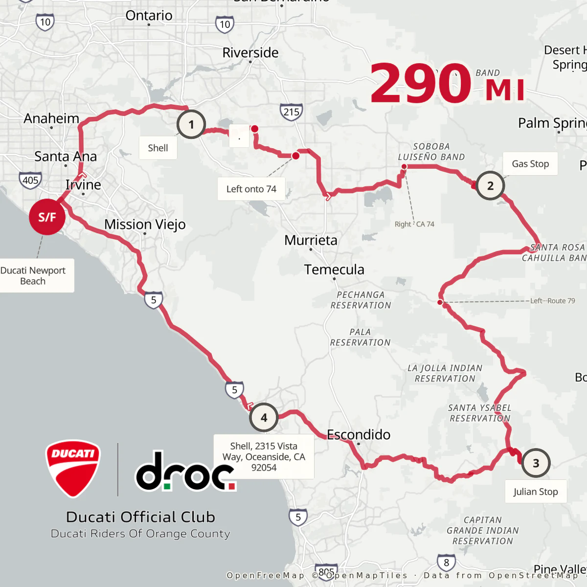Square route map of a 290-mile loop from Ducati Newport Beach via Lake Mathews and Lake Hemet to Julian and back up the coast