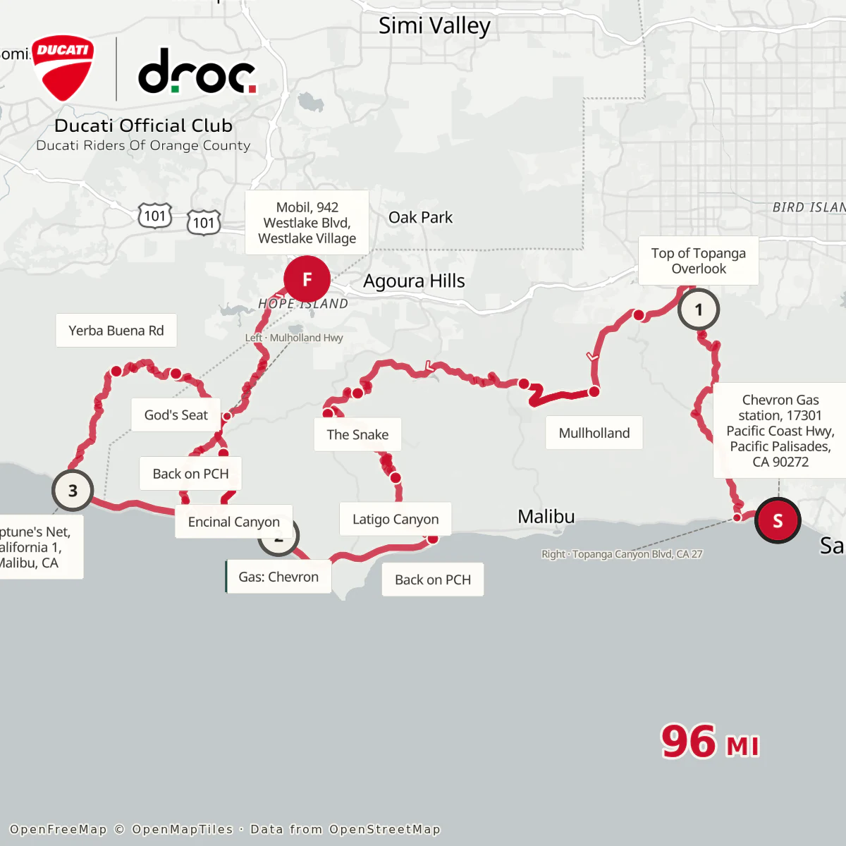 Square route map of the Malibu canyons loop: Topanga, Mulholland, The Snake, Latigo, Encinal and Yerba Buena, 96 miles