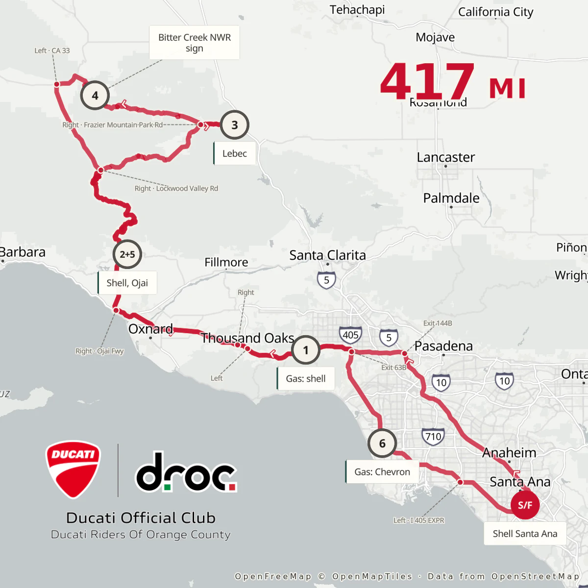 Square route map of the 417-mile Ojai classic from Santa Ana up Highway 33 to Frazier Park and Bitter Creek and back