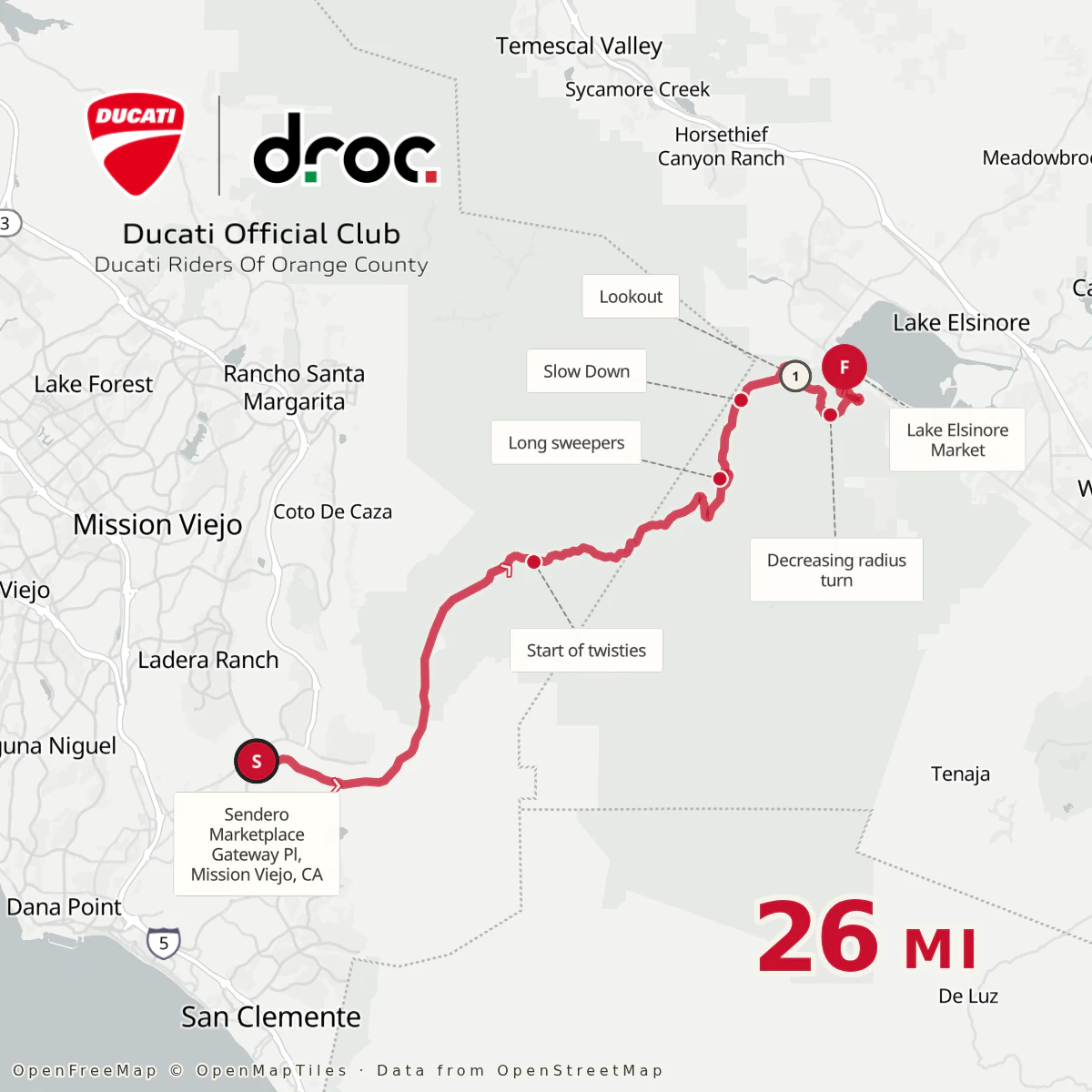 Square route map of Ortega Highway, CA-74, from Sendero Marketplace in Mission Viejo to Lake Elsinore, 26 miles