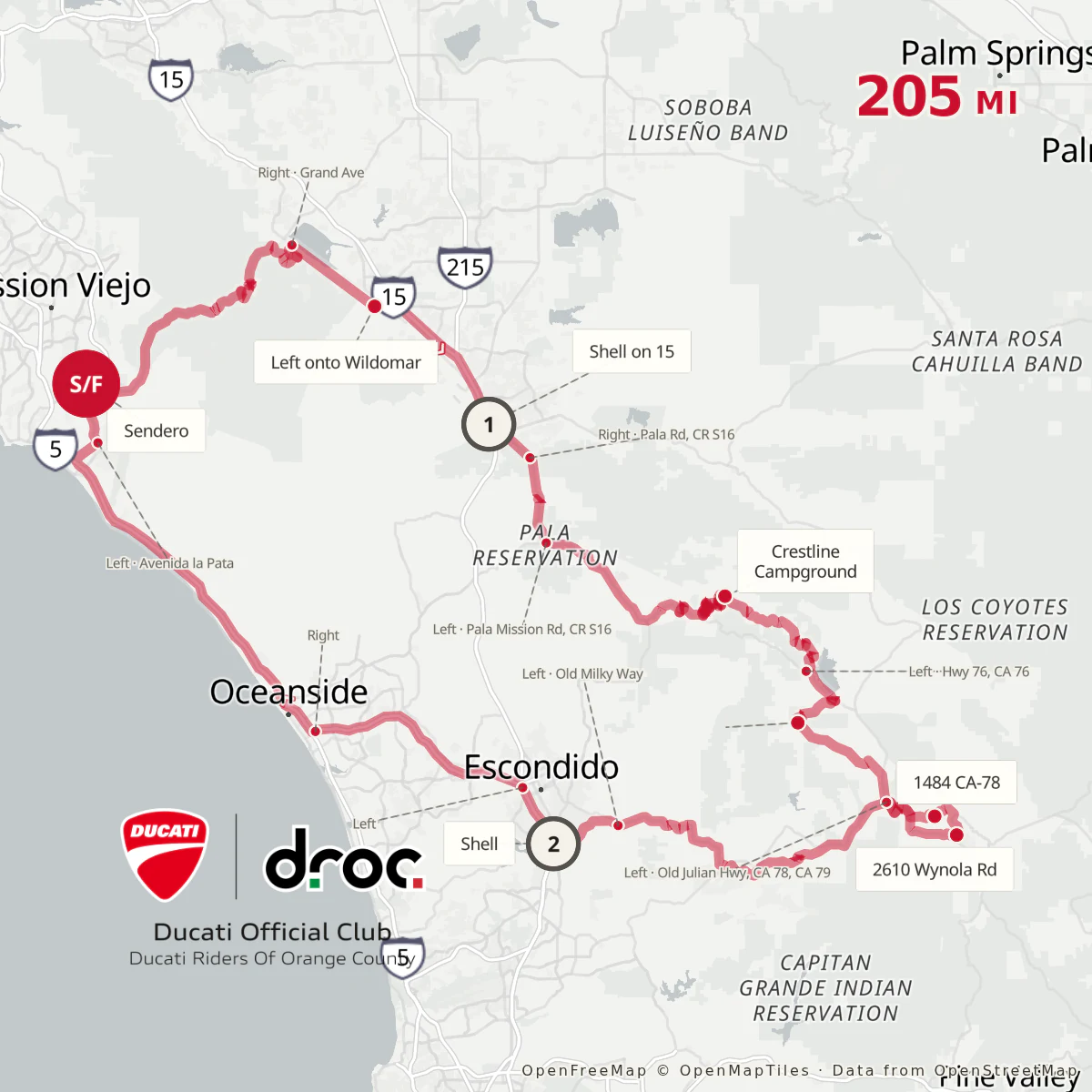 Square route map of a 205-mile loop from Mission Viejo over Ortega and Palomar Mountain to Julian, back along Highway 78 and the coast