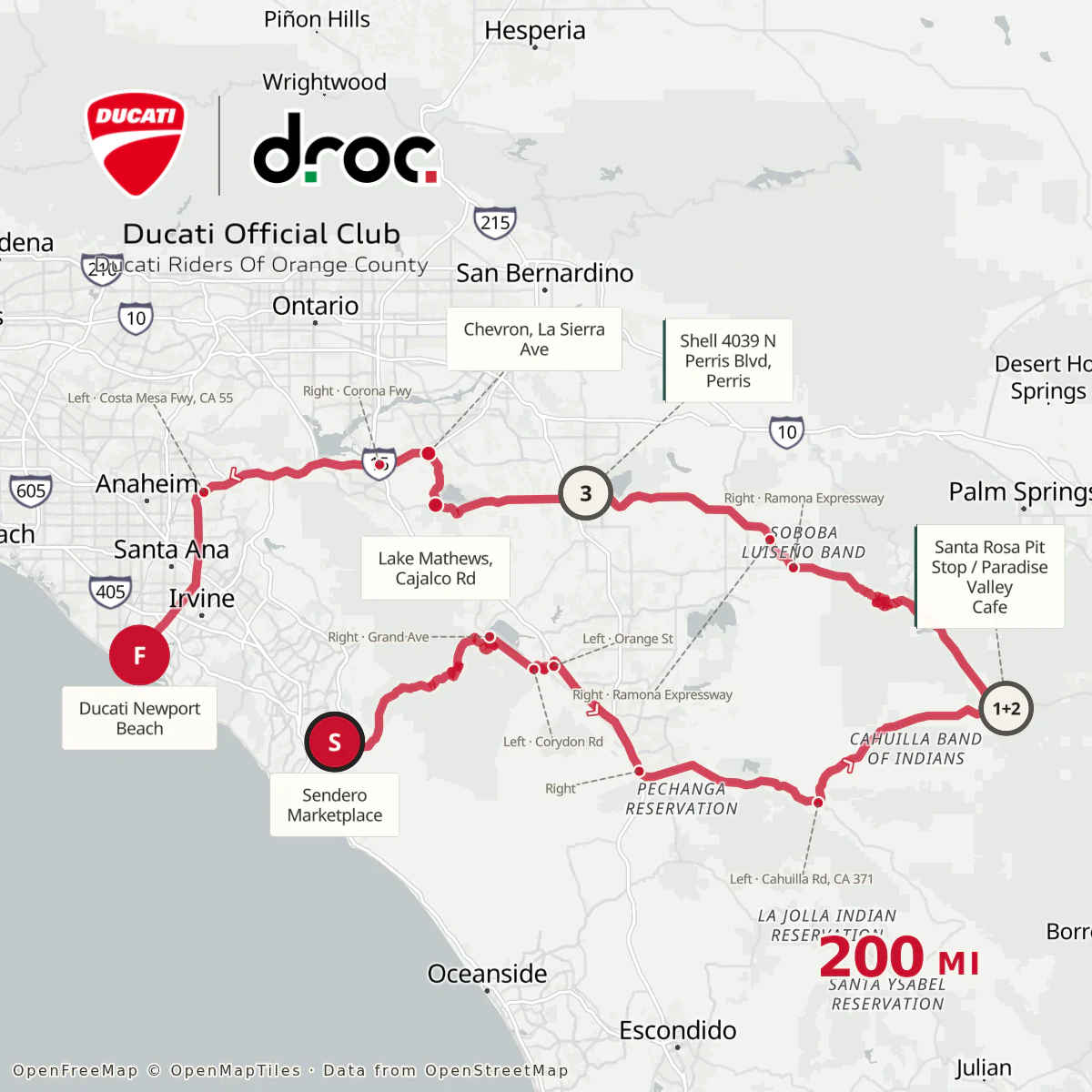 Square route map of a 200-mile loop from Sendero Marketplace over Ortega to Paradise Valley Cafe and Lake Hemet, back past Lake Mathews to Ducati Newport Beach