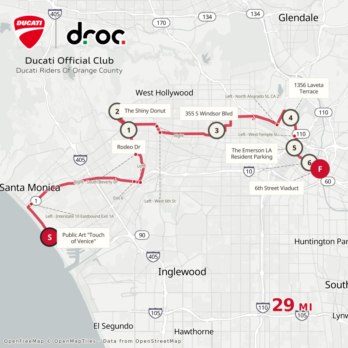 Square route map of a 29-mile Los Angeles ride from Venice through Beverly Hills, Hollywood and Echo Park to the 6th Street Viaduct